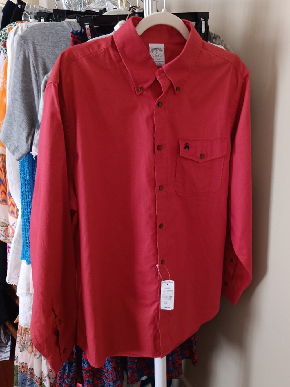 NWT Men's Brooks Brother Red 100% Cotton Broadcloth Button Shirt Pocket Sz Large
